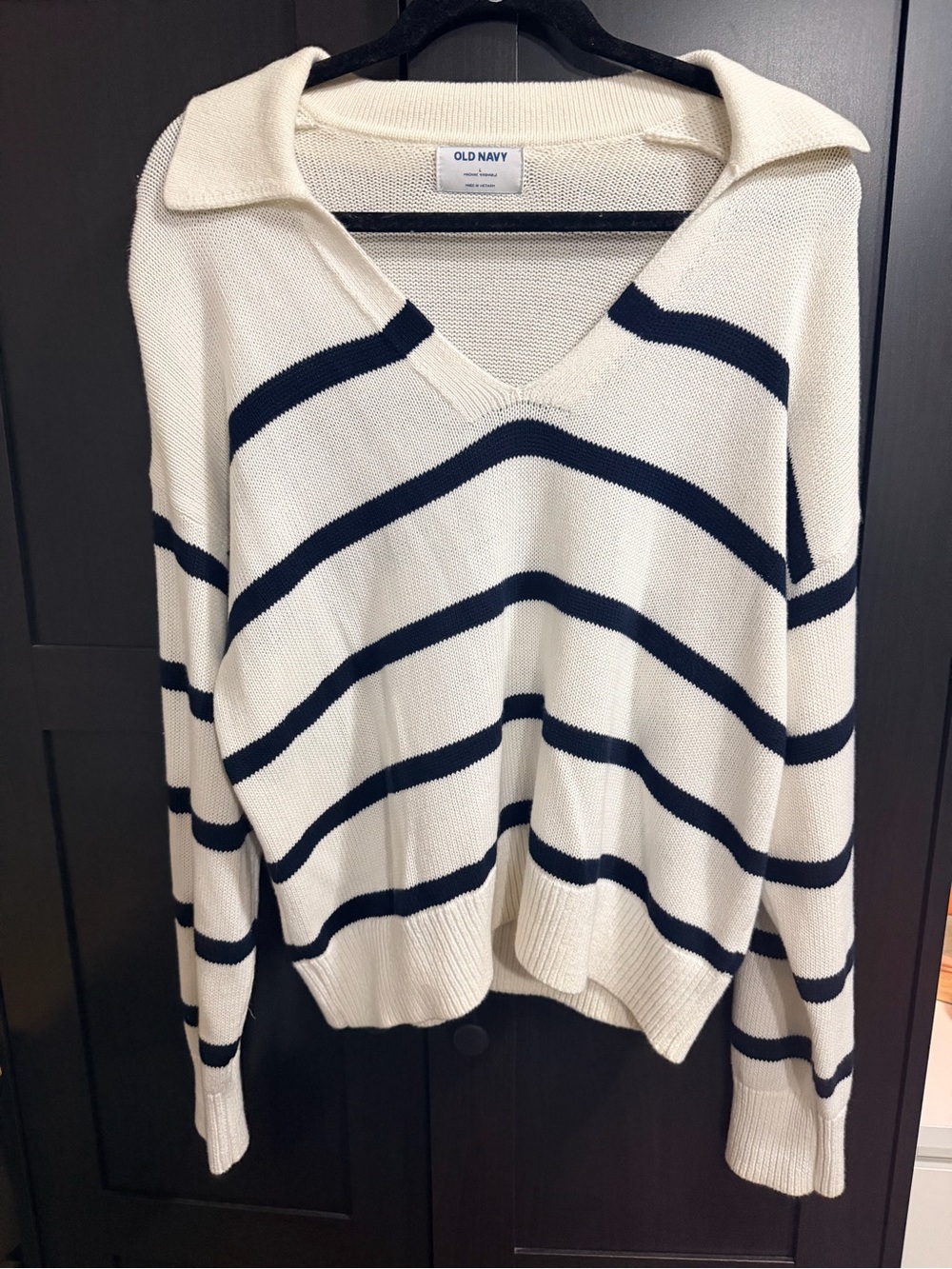 Old Navy Cream and Navy Striped V‑Neck Knit Sweater with Collar